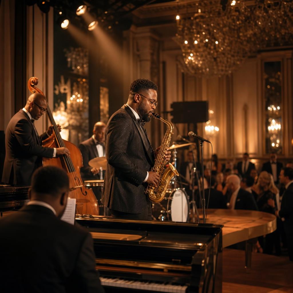 Elegant jazz band performing at a luxury gala with warm amber lighting