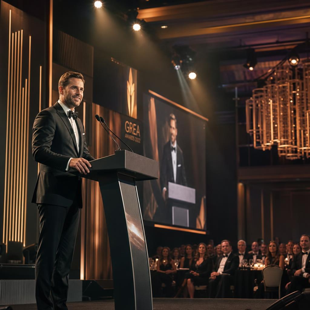 Charismatic event host at a podium addressing a formal gala audience