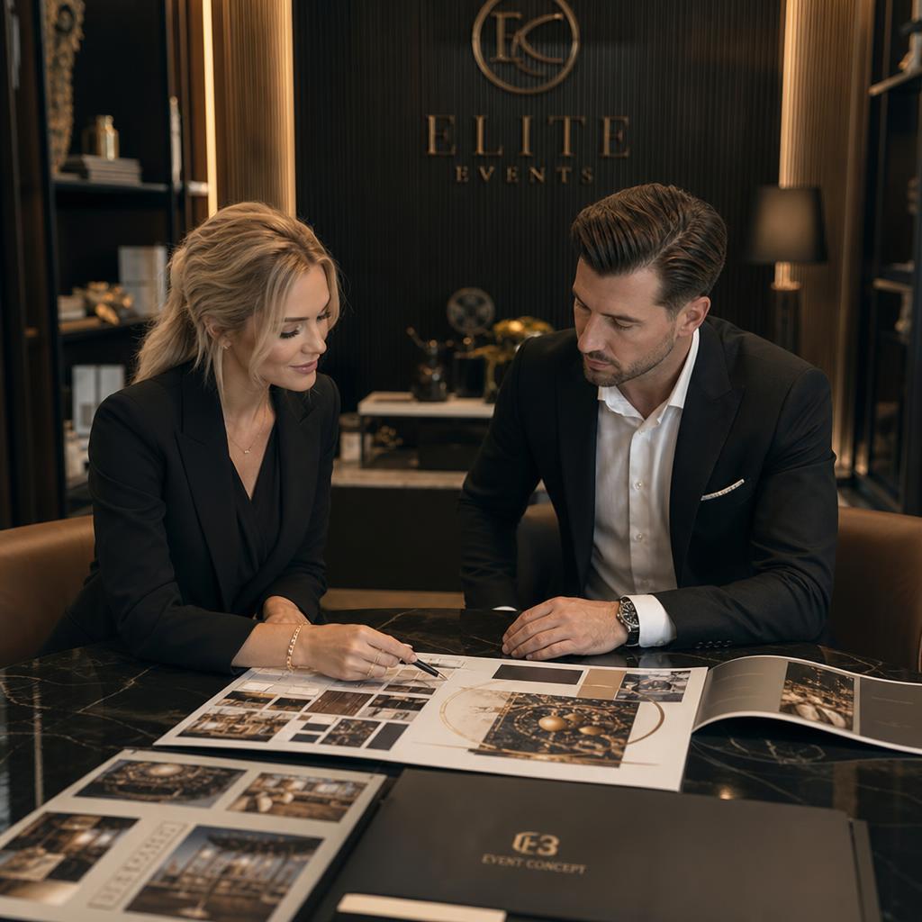 Event planning consultation with mood boards and venue layouts in a sophisticated setting